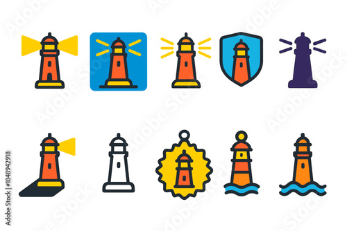 Lighthouse, nautical flat icon set. Coastal, marine navigation icons flat collection