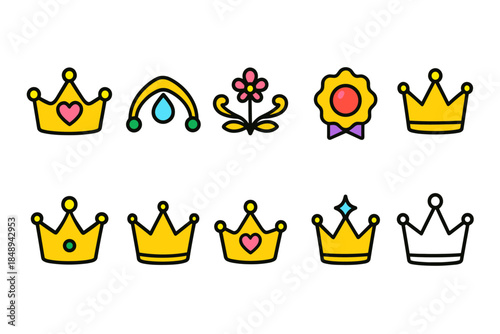 Crown and jewel flat icon set. Royal crown, jewelry icons collection for creativity