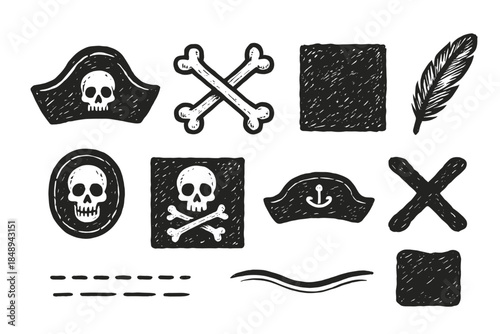 Pirate symbols icon set with hand-drawn outline. Skull, crossbones, treasure icons.