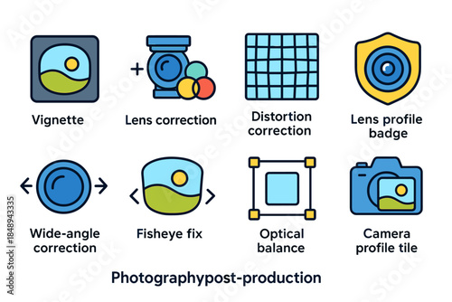 Photography post-production flat icon set. Editing, correction, camera tools collection