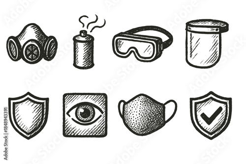 Safety equipment outline icon set: gas mask, goggles, shield icons collection