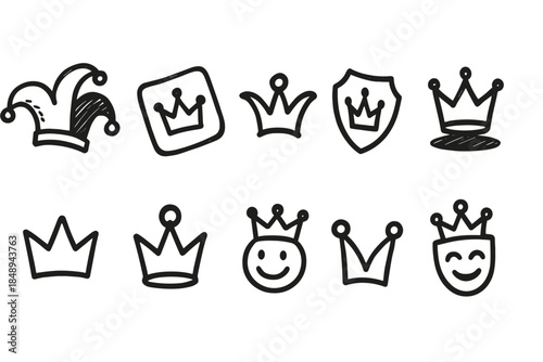 Crown and hat outline icon set for royalty, power, and celebration themes.