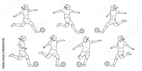 Collection of illustrations depicting female soccer players in various kicking poses