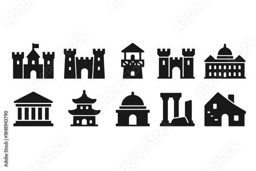 Historic architecture silhouette icon set for landmarks and buildings