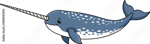 Cute Cartoon Narwhal with Long Tusk Illustration on White Background