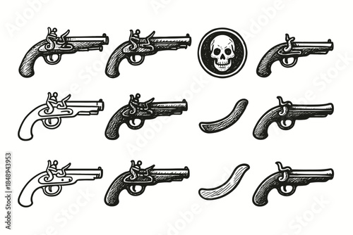 Pirate-inspired outline icon set. Pistols, skull, cutlass theme in outline style