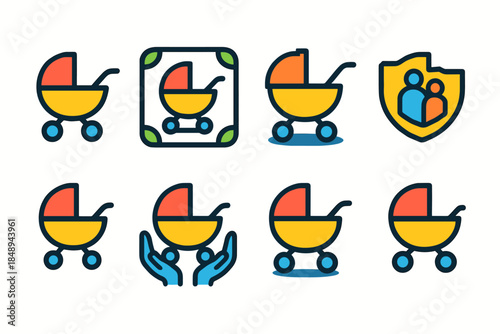 Baby stroller icon set outline style. Infant care, family, childcare icons collection
