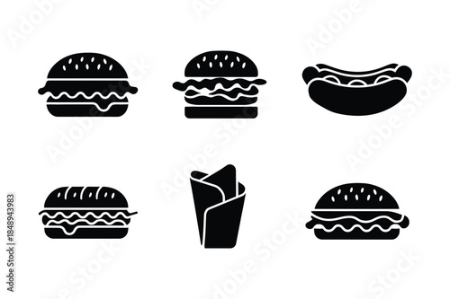 Six black icons of popular fast food: burgers, hot dogs, and a wrapped sandwich on white