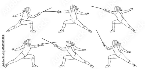Dynamic Illustrated Set of Fencing Poses and Actions for Sport and Training, Depicting Athletic Combat
