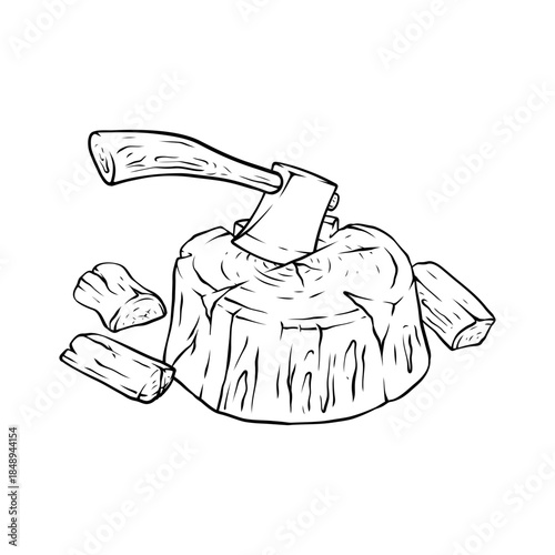 stylized tree stump with an axe line art drawing illustration