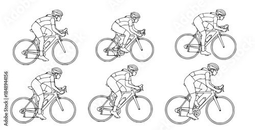 Vector illustrations showcasing various cycling positions and ergonomic postures for effective bicycle riding technique