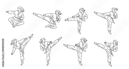 Vector Illustrations Depicting a Woman's Powerful Martial Arts Kicks and Defensive Stances in Dynamic Action