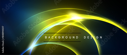 Abstract neon light curves, vibrant yellow glow, dark background. Modern design element, dynamic energy radiates outward.