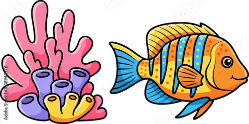 Cute Cartoon Tropical Fish Swimming Near Colorful Coral Reef Illustration