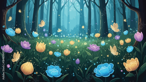 Colorful Tulips and Fireflies in Dark Forest