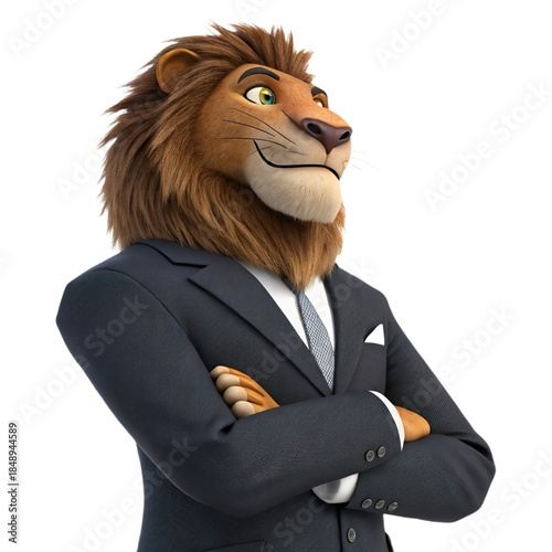 tylized 3D lion wearing navy blazer and white t-shirt, calm confident expression, smooth matte texture, close-up portrait, isolated on transparent background