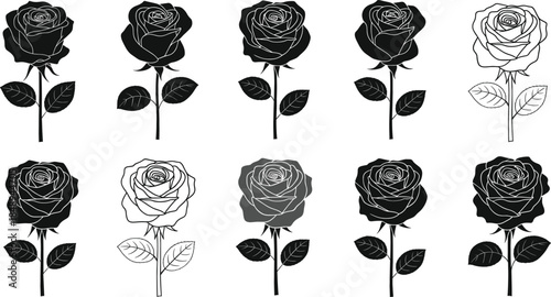 Rose flower silhouette and outline collection in black and white flat vector illustration set isolated on white background for floral design