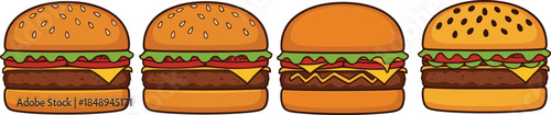 Cartoon Burger Vector Illustration Set Featuring Different Cheeseburger and Hamburger Variations with Sesame Buns, Lettuce, Tomato, and Meat for Fast Food and Restaurant Design Projects