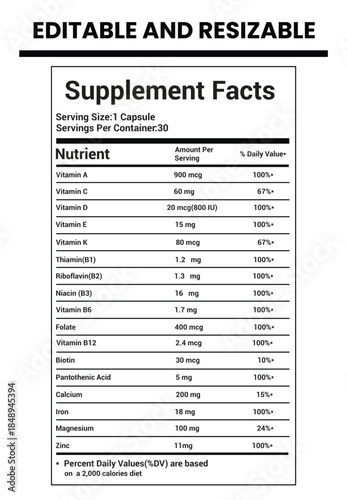 Nutrition Facts, Nutrition Facts Label, Supplement facts, Nutrition List, Vitamin Facts, Supplement list, Nutrition Template, Supplement Template 