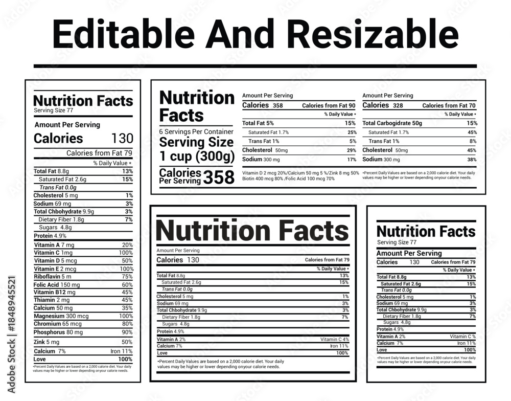 Fototapeta premium Nutrition Facts, Nutrition Facts Label, Supplement facts, Nutrition List, Vitamin Facts, Supplement list, Nutrition Template, Supplement Template 