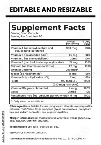 Nutrition Facts, Nutrition Facts Label, Supplement facts, Nutrition List, Vitamin Facts, Supplement list, Nutrition Template, Supplement Template 