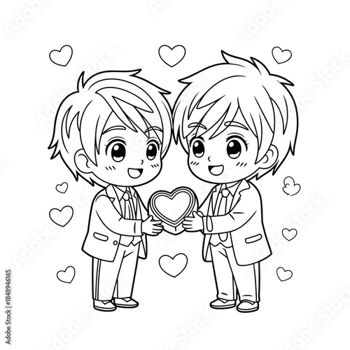 Cute cartoon boys sharing a heart with love