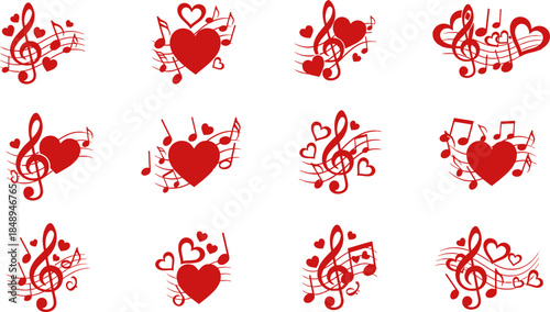 Romantic Valentine silhouette with musical notes symbolizing love, harmony, passion, unity, joy, happiness worldwide