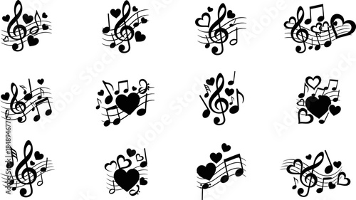 Romantic Valentine silhouette with musical notes symbolizing love, harmony, passion, unity, joy, happiness worldwide
