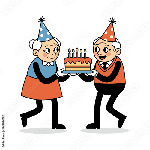 cartoon elderly couple holding birthday cake for celebration blogs, greeting card clipart, senior party websites, retirement event planning and social news awareness