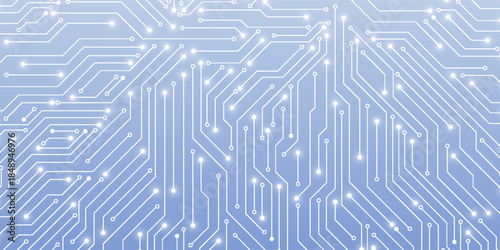 AI chip glows bright white and pink neon light. Tech background. Circuit board layout. Artificial Intelligence innovation concept. Computer chip or semiconductor on futuristic vector illustration.