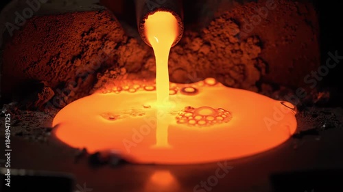 Molten metal pouring from a pipe creating a bubbling pool, manufacturing process. Foundry and industrial production concept. ASMR. Relaxing