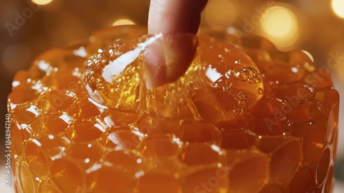 Dipping your finger in honey in honeycombs with iridescent sequins, pulling out a translucent sticky thread.  ASMR. Relaxing