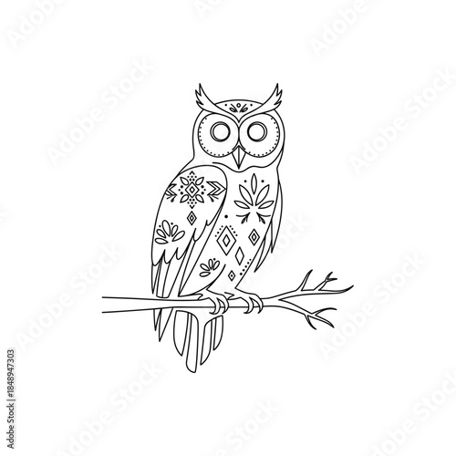 Whimsical owl perched on branch with floral patterns