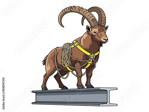 An illustration of a brown ibex wearing a yellow harness and rope, standing on a steel I-beam.
