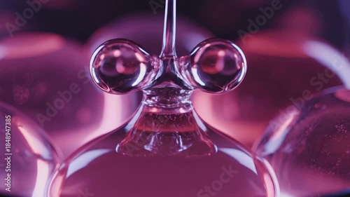 Pink liquid drops falling into clear glass with bubbles, a mesmerizing abstract artwork for science and visual effects, ASMR. Relaxing