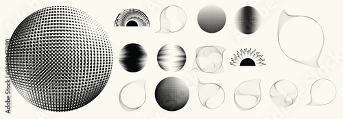 Abstract circular halftones element set, geometric dotted ring and spiral circle shapes for modern design, technology, or motion graphic backgrounds. Dotted round elements, radial spirals, and vortex.