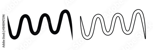 Wavy lines and curves in black and white for design,Splash of sea wave, curved stripe ribbon, swish curve line,Wave zigzag line simple thin to thick element decor design 