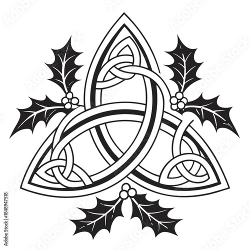 Celtic Triquetra Knot – Christmas Holly Leaves, Red Berries, Winter Trinity Symbol, Pagan Yule Decoration, Irish Ornament Vector, Festive Floral Border, Religious Trinity Knot & Holiday Foliage Logo