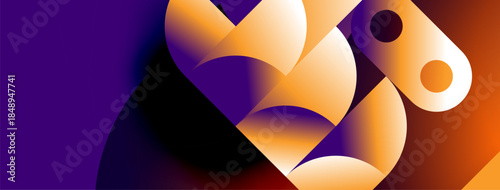 Abstract shapes blend vibrant orange, purple hues. Dynamic composition creates modern visual impact. Smooth gradients suggest depth, movement.
