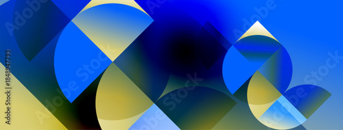 Abstract composition featuring overlapping circles, gradients. Blue, gold hues dominate design. Modern, digital art style.