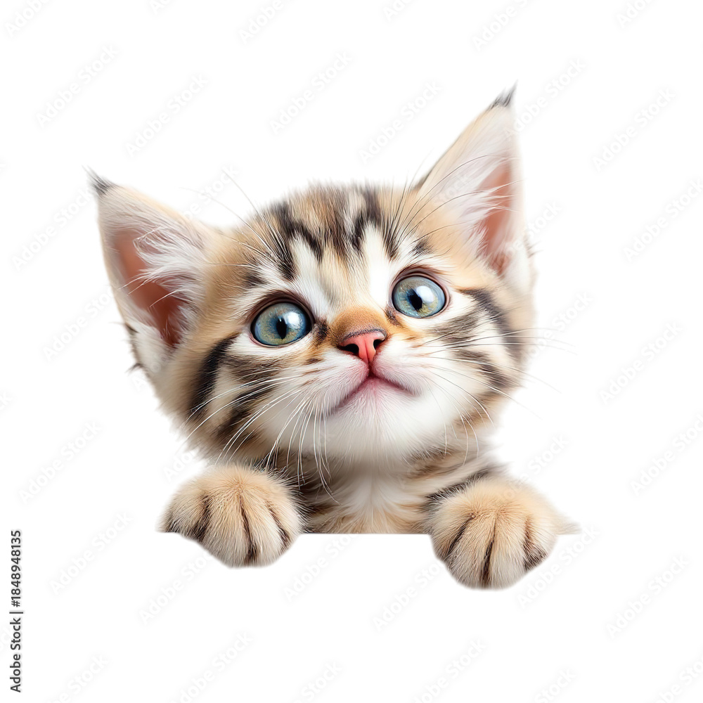 Obraz premium Adorable kitten with blue eyes and striped fur peeking over edge on transparent background