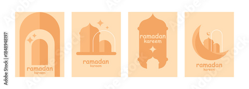 Set of Ramadan Kareem, Ramadan holiday template design with mosque, star, and crescent moon shape elements, suitable for greeting cards, posters, banners, covers