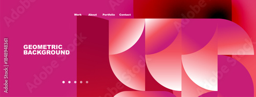 Modern website header design. Pink color scheme dominates, geometric shapes present. Navigation links visible, clean aesthetic.