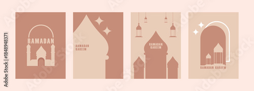Set of Ramadan Kareem, Ramadan holiday template design with mosque, star, lantern, and crescent moon shape elements, suitable for greeting cards, posters, banners, covers