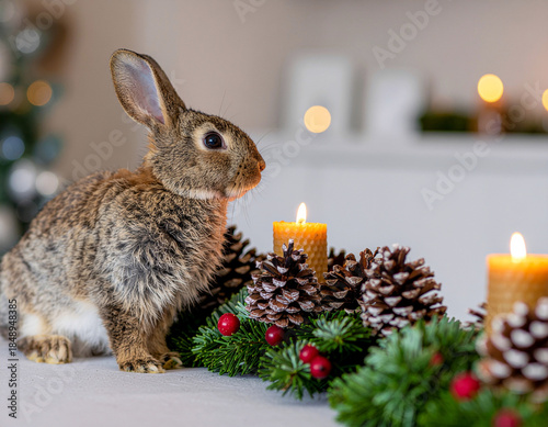rustic Christmas rabbit with holiday greenery and flickering beeswax candles. Ai
