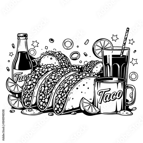 Delicious Tacos and Refreshing Drinks Illustration - Perfect for Food and Beverage Promotions