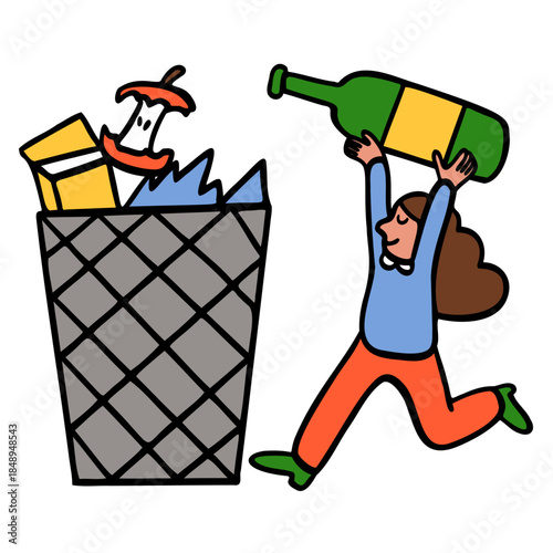 Woman throwing bottle into garbage bin