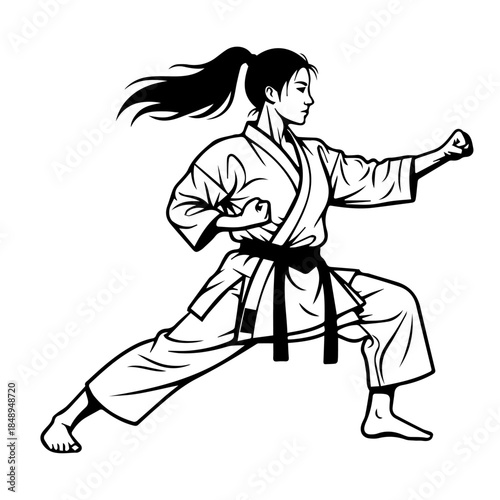 Karate warrior woman in a dynamic stance demonstrating martial arts combat skills with strong determination