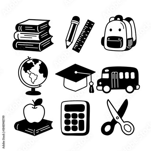 Decorative Black School Icons with White Details. Vector set of backpack and stationery glyphs with internal negative space lines.