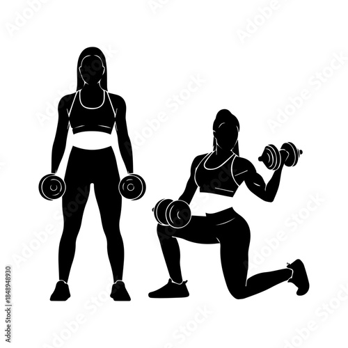 Fitness Icons of Women Exercising with Dumbbells, Visualizing Strength and Health